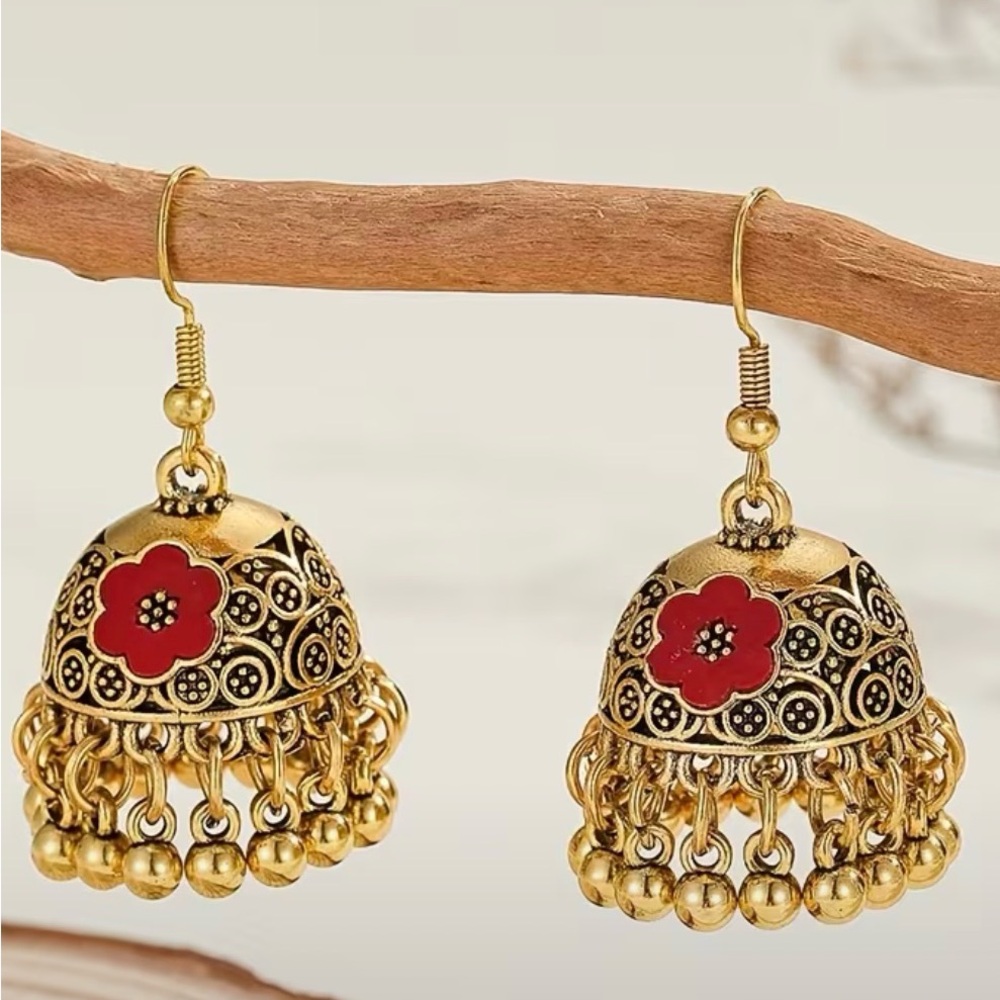 Elegant Gold and Red Jhumka Earrings